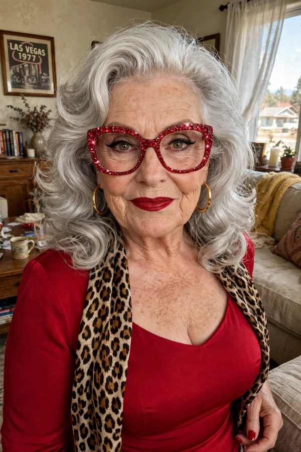 Ruby Reckless &mdash; glamorous silver-haired grandma in ruby-red rhinestone glasses and red lipstick